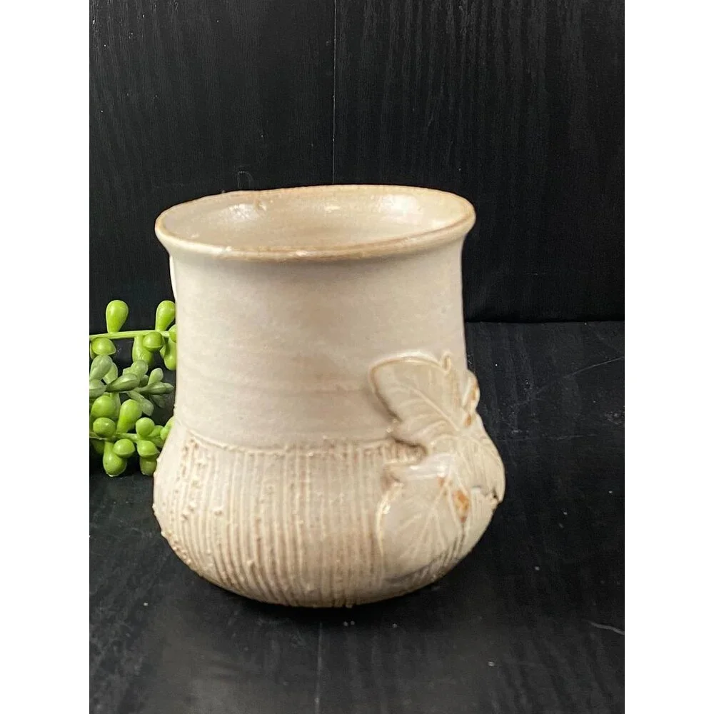 Studio Pottery Clay Mug JT Applied Leaf and Vine Design Cream Ribbed - Picture 2 of 9